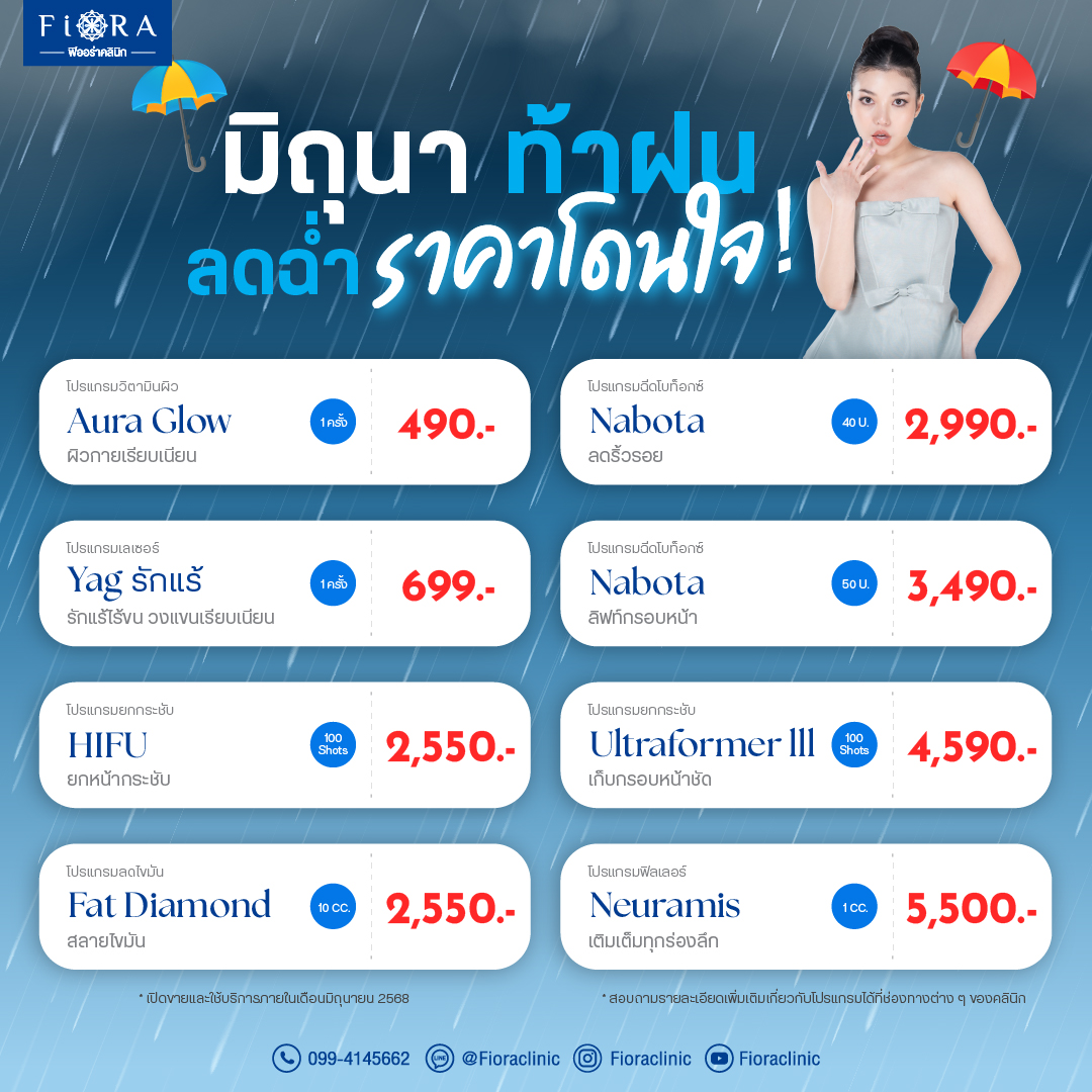 โปรโมชั่นประจำเดือนมิถุนายน 2568 ที่ฟิออร่าคลินิก Iv Drip ,Yag ,Botox ,Hifu ,Ultraformer lll ,Ulthera SPT ,Filler ,Sculptra, Oligio