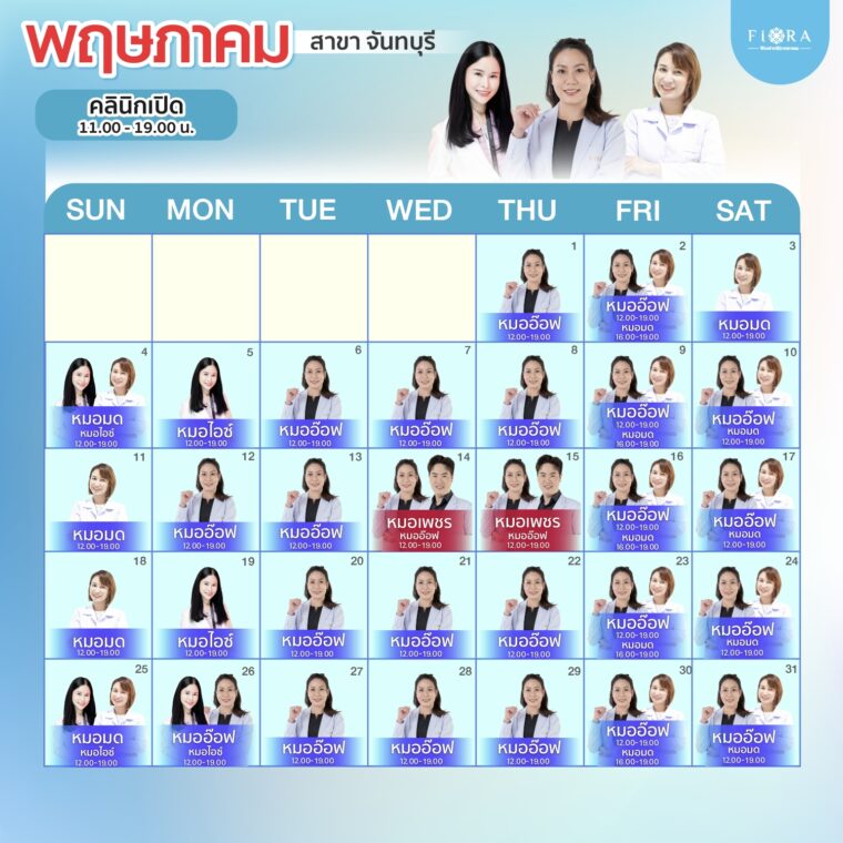 Fiora Clinic ตารางแพทย์สาขาจันทบุรี เดือนพฤษภาคม 2568