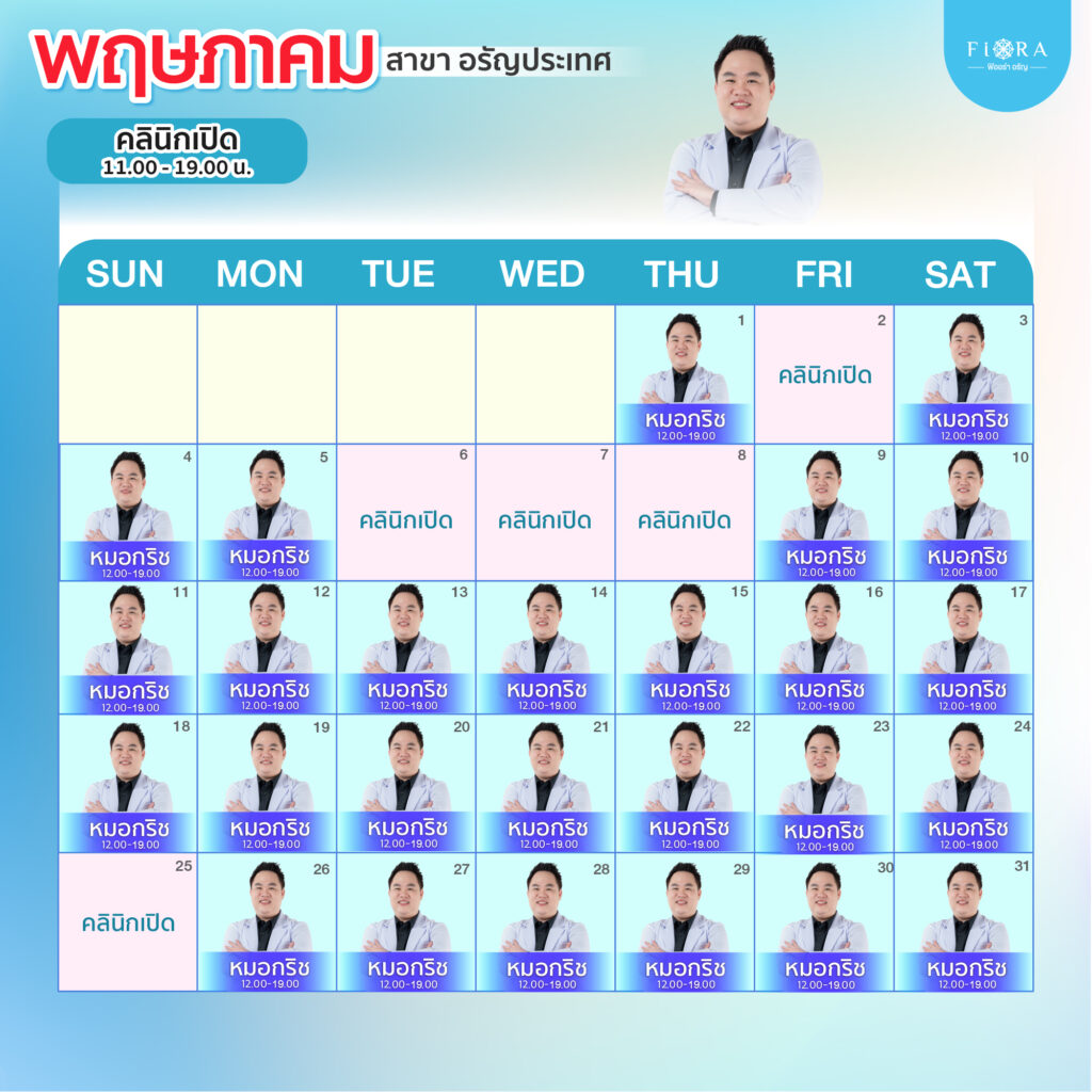 Fiora Clinic ตารางแพทย์สาขาอรัญประเทศ เดือนพฤษภาคม 2568